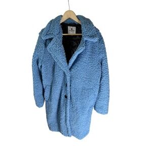 Urban Republic Blue Faux Fur Teddy Sherpa Coat Notched Lapel Jacket Womens L NEW